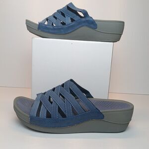 Bare Traps Sandals Beverly Slide Wedge Heel Blue Grey Strappy Slip On Womens 8M
